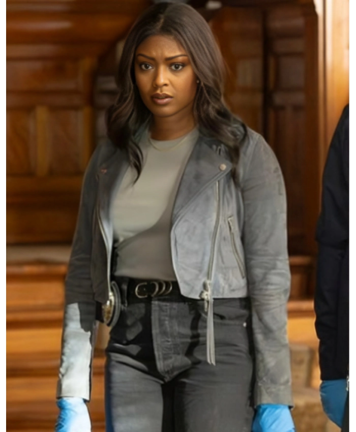 Javicia Leslie High Potential S02 Daphne Forrester Cropped Suede Biker Jacket