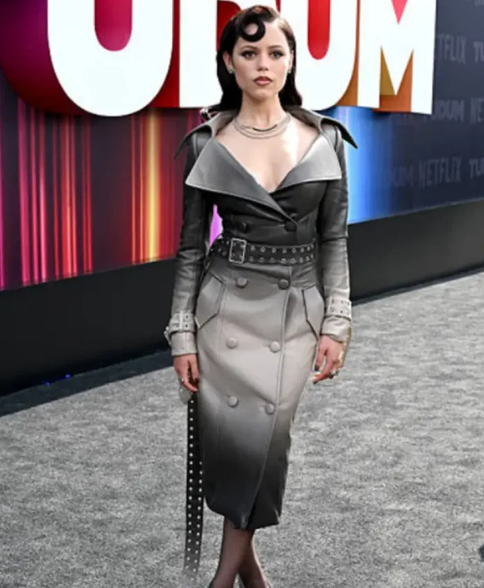 Jenna Ortega Netflix Tudum 2025 Leather Trench Coat