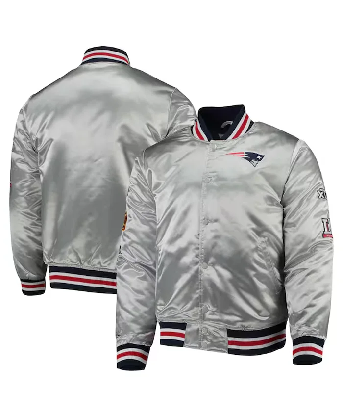 Jessamyn New England Patriots Silver Satin Bomber Jacket