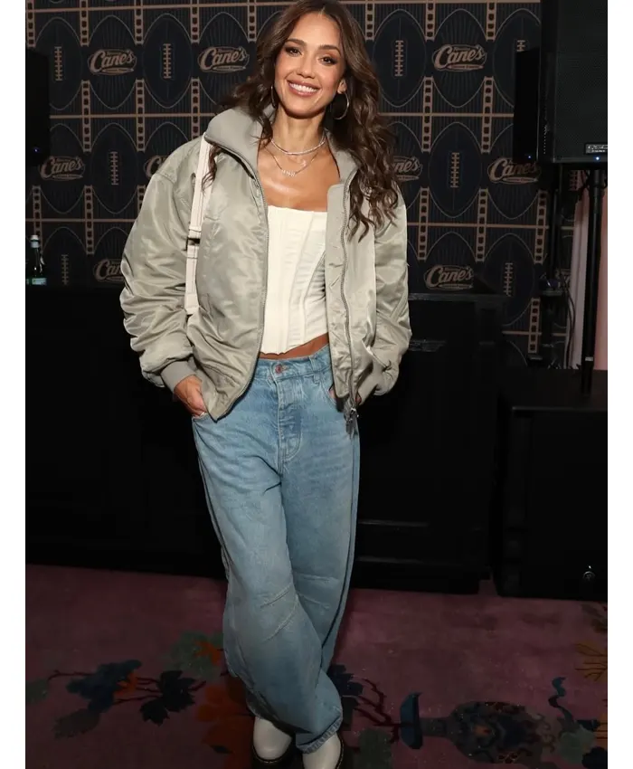 Jessica Alba Super Bowl 2026 Grey Satin Jacket