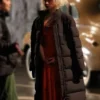 Jessie Buckley Film The Bride 2026 Black Puffer Long Coat