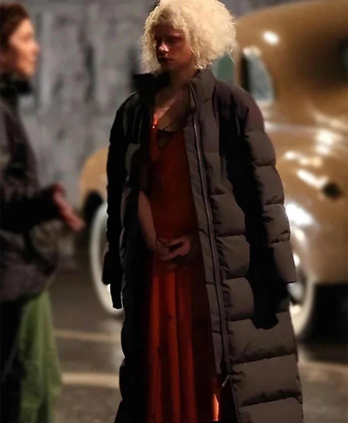 Jessie Buckley Film The Bride 2026 Black Puffer Long Coat