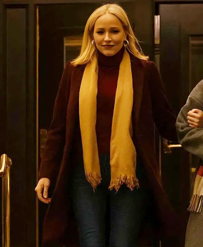 Jessy Schram A Suite Holiday Romance 2025 Sabrina Maroon Wool Trench Coat