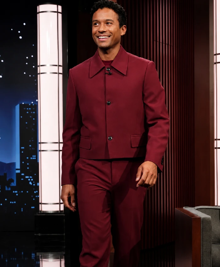 Jimmy Kimmel Live 2026 Jaafar Jackson Burgundy Suit
