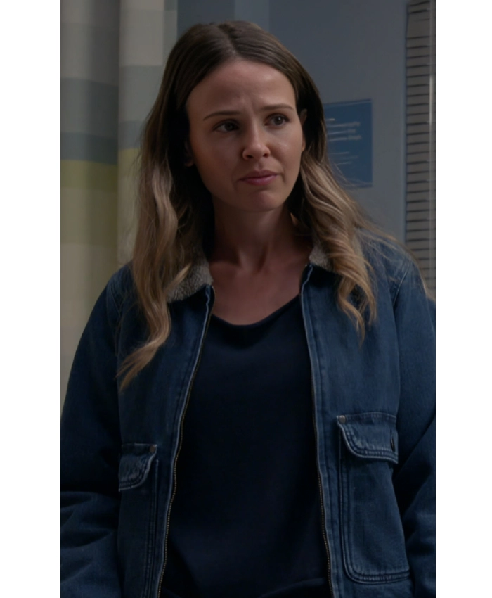 Jocelyn Hudon Chicago Fire S14 Lyla Novak Sherpa Collar Denim Jacket