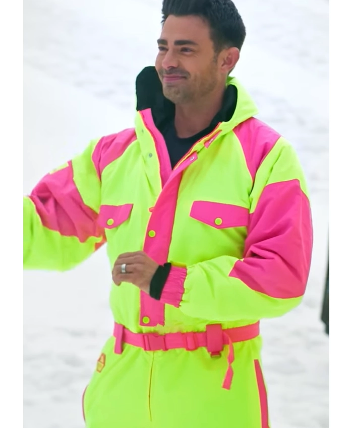 Jonathan Bennett Finding Mr Christmas S02 Yellow And Pink Hooded Snow Jumpsuit