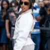 Jordan Chiles Fashion Show Off White Varsity Jacket