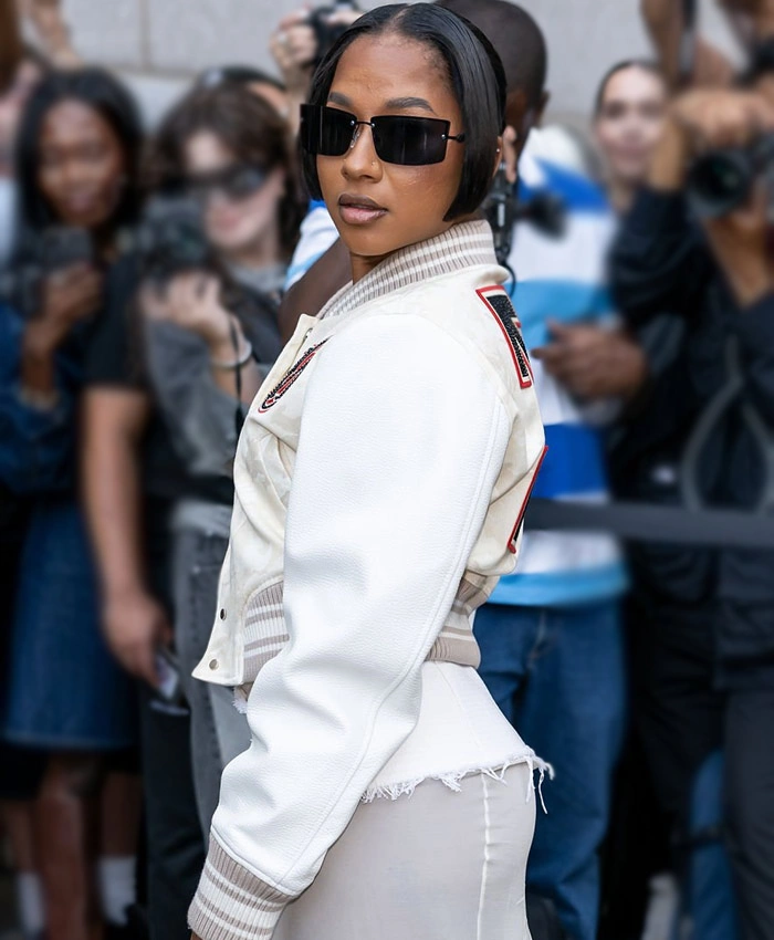 Jordan Chiles Fashion Show Off White Varsity Jacket