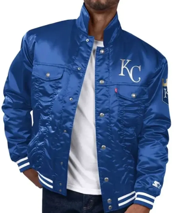 KC Royals Royal Silver Tab Satin Trucker Jacket