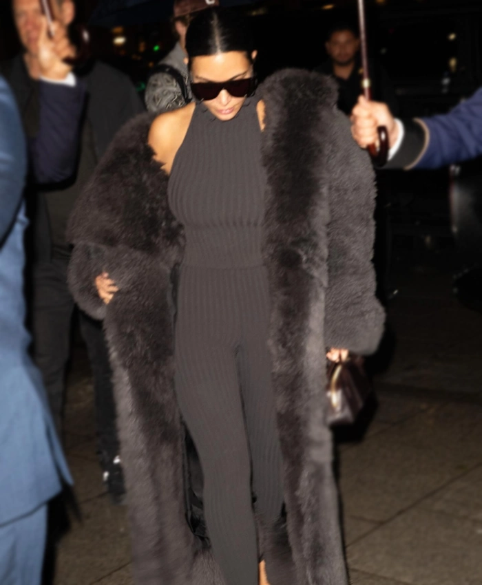 Kim Kardashian PFW Black Fur Coat