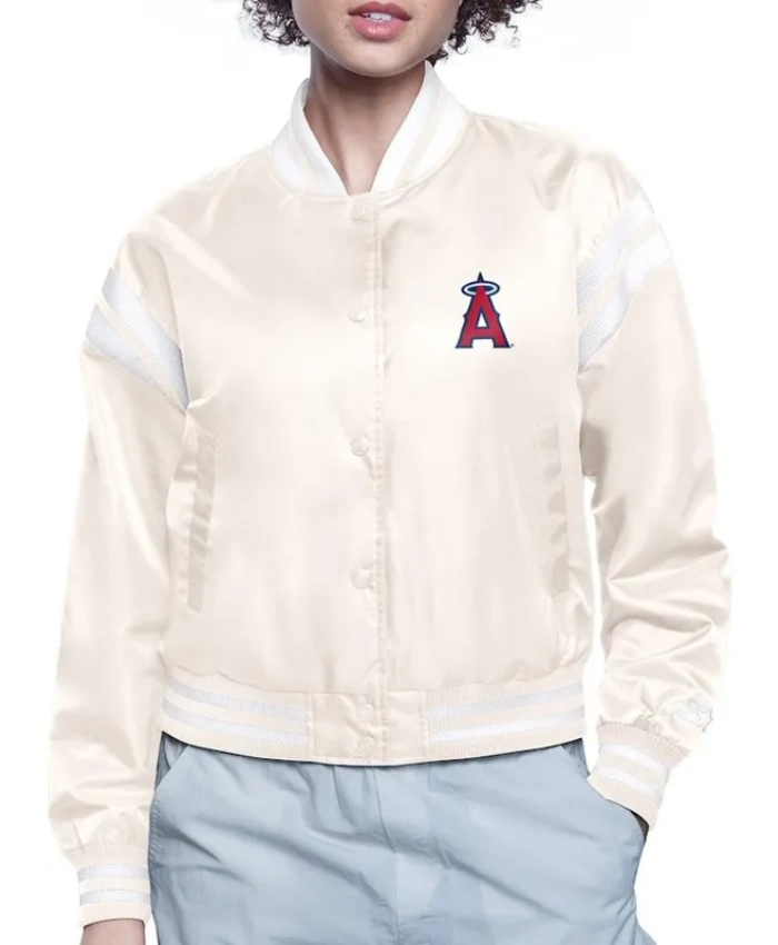 LA Angels Printed Logo Varsity Satin Cream Jacket