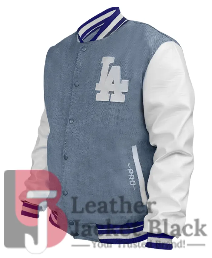 LA Dodgers Denim Blue And White Varsity Jacket