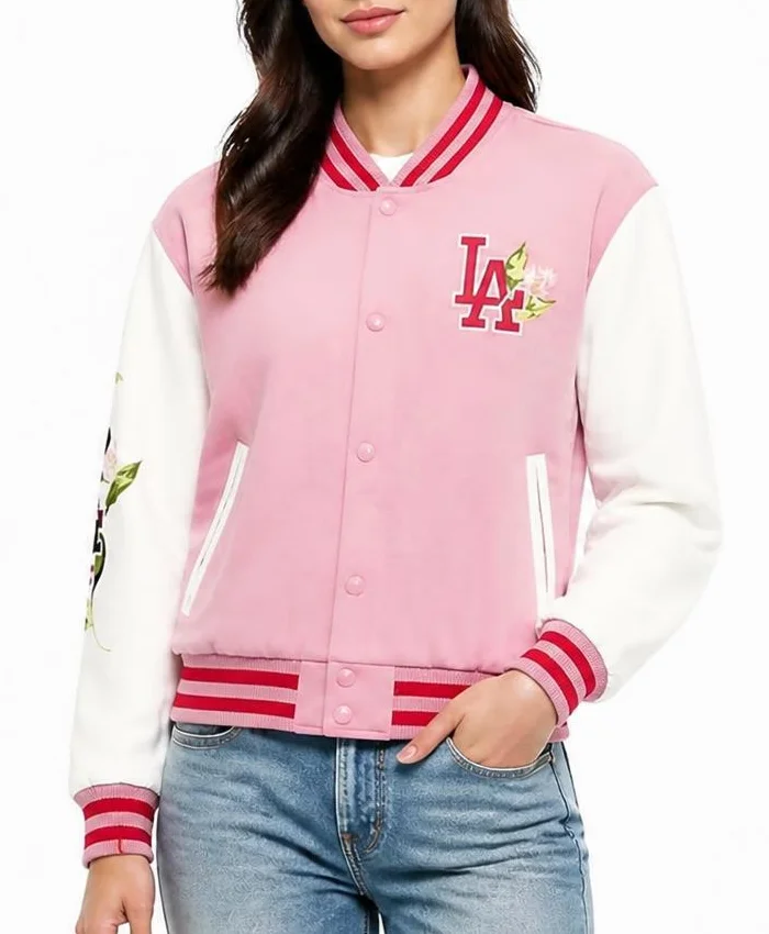 LA Dodgers Floral Pink Varsity Jacket Womens