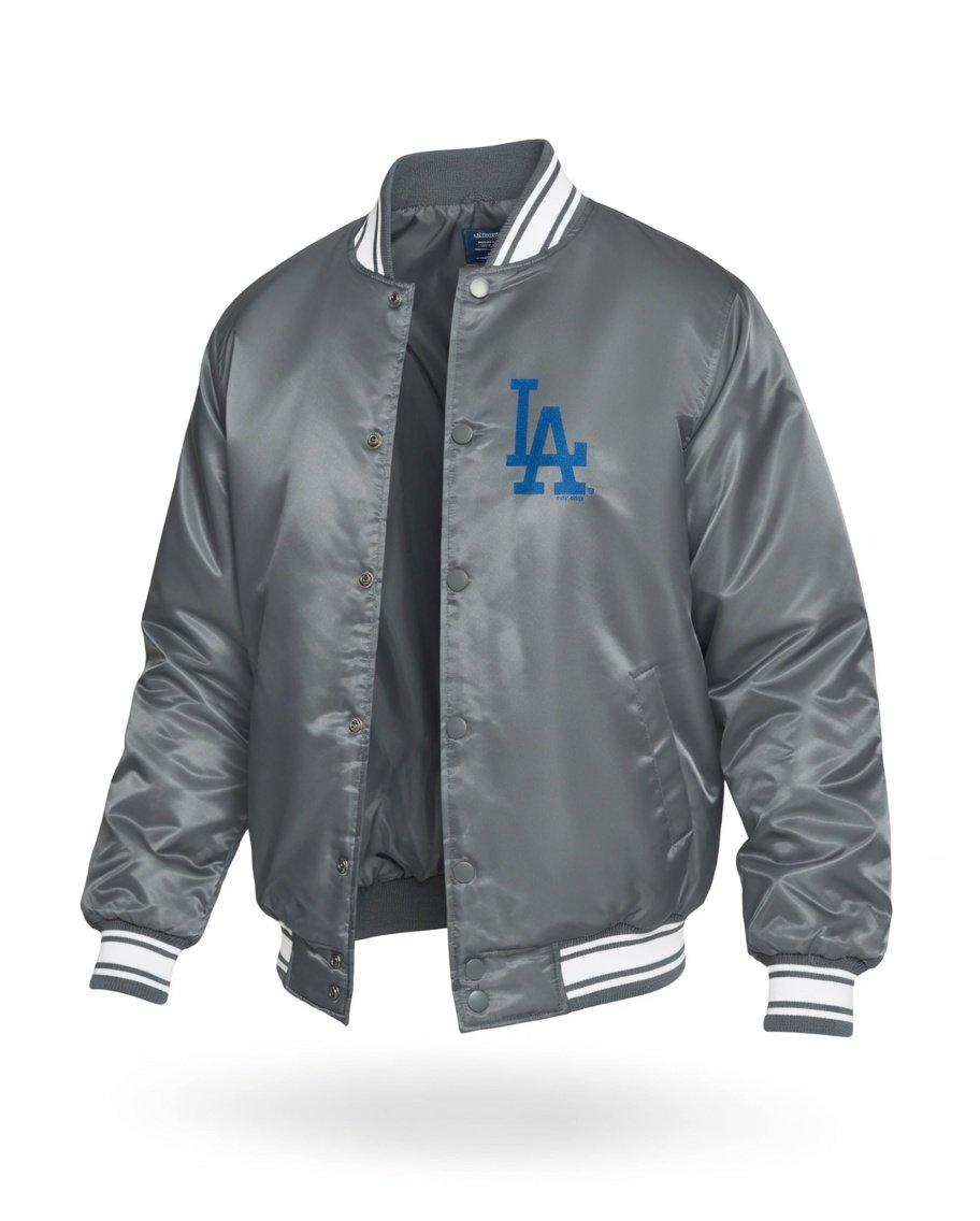 LA Dodgers Gray Satin Full Snap Varsity Jacket