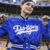 LA Dodgers Sofia Carson Blue Cropped Satin Jacket