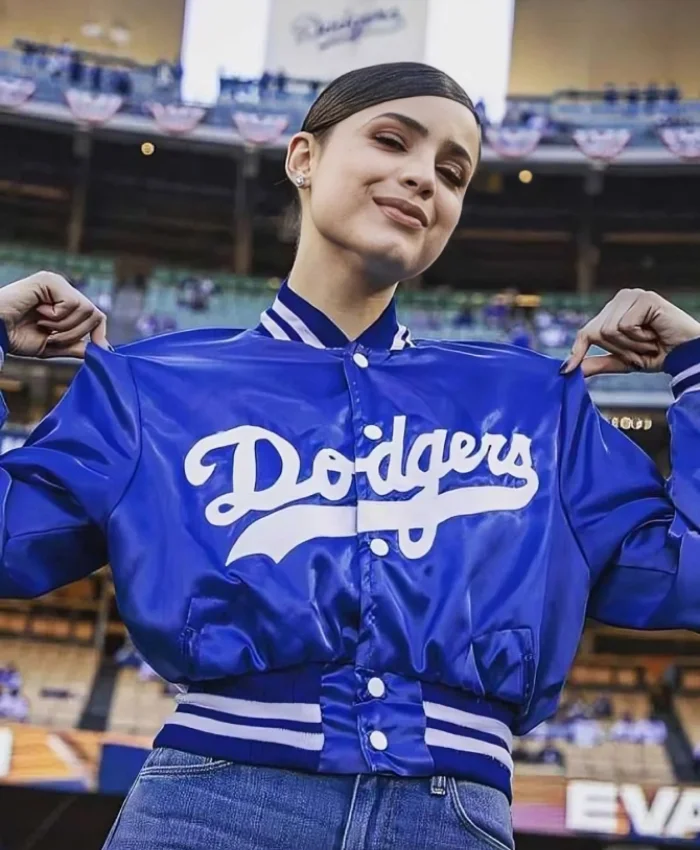 LA Dodgers Sofia Carson Blue Cropped Satin Jacket