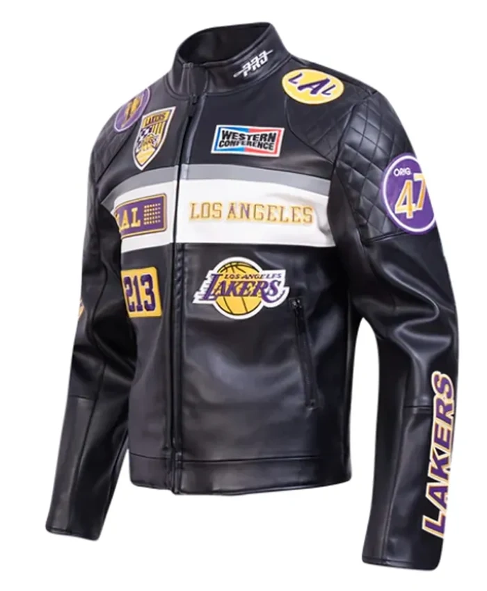 LA Lakers Moto Leather Black Zip-up Jacket - Image 3