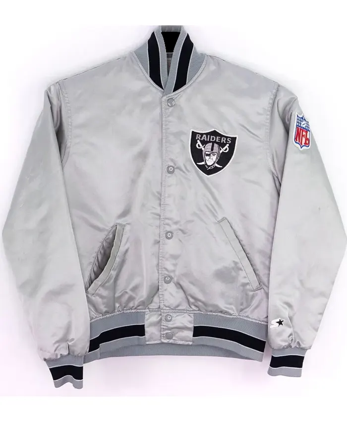 Las Vegas Raiders 80s Silver Satin Varsity Jacket