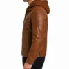 Mens Biker Cognac Leather Jacket with Attached Hood