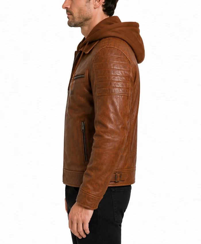 Mens Biker Cognac Leather Jacket with Attached Hood