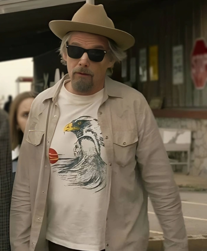 Lee Raybon TV Series The Lowdown 2025 Ethan Hawke Button Up Beige Shirt