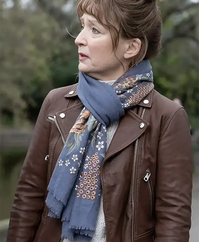 Lesley Manville Moonflower Murders Biker Leather Jacket