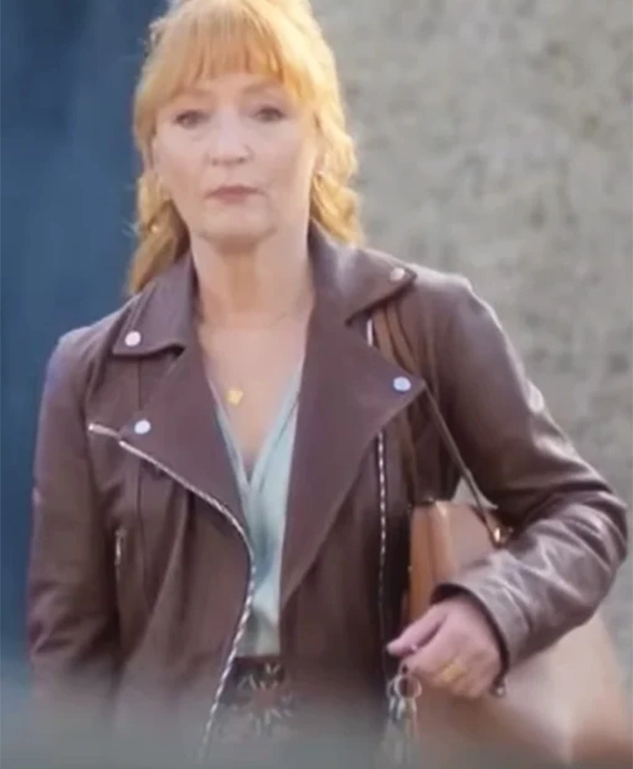 Alternative view of Lesley Manville Moonflower Murders Biker Leather Jacket