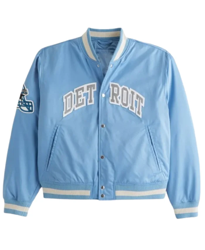 Light Blue Detroit Lions Full Snap Satin Varsity Bomber Jacket