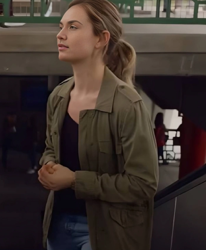 Lily James Film Swiped 2025 Whitney Wolfe Herd Cotton Army Green Jacket