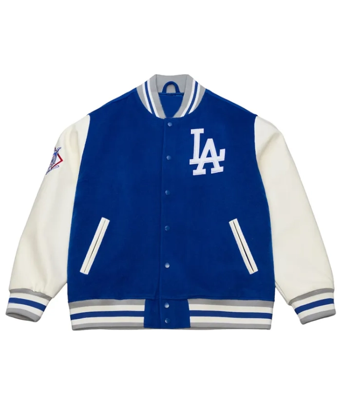 Los Angeles Dodgers Off Day Varsity Royal And Eggshell Full Snap Wool And Leather Jacket