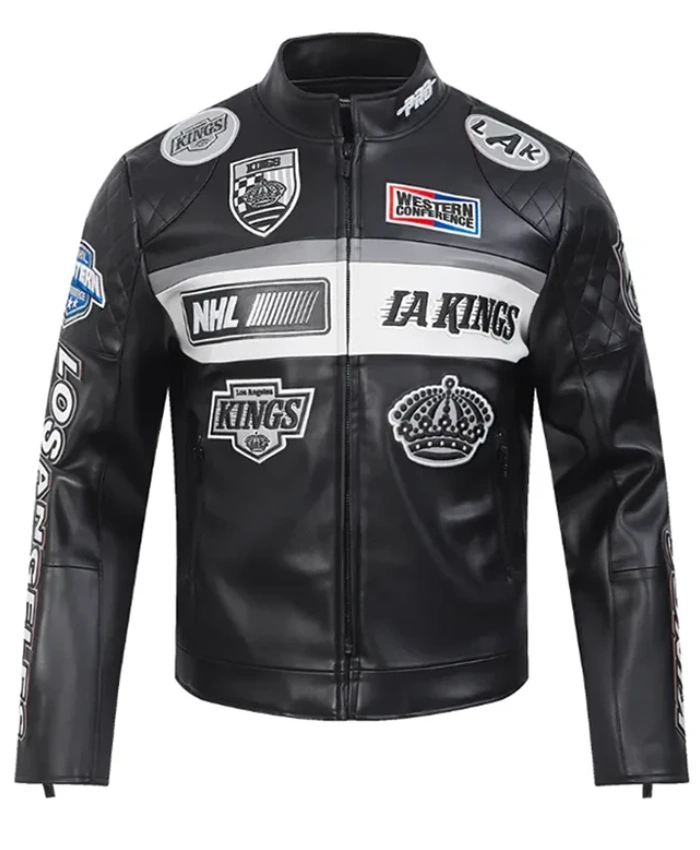 Los Angeles Kings Moto Black Full Zip Multi Patches Leather Jacket