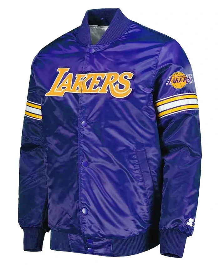 Los Angeles Lakers Pick And Roll Full Snap Blue Satin Varsity Jacket