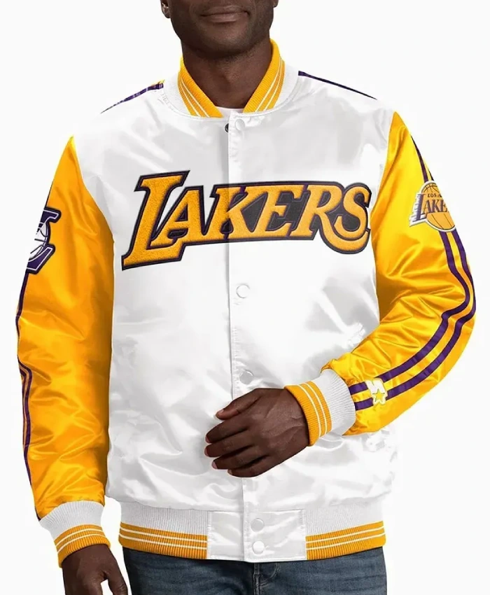 Los Angeles Lakers White And Yellow Satin Varsity Jacket