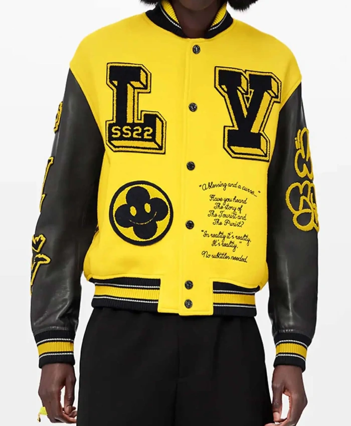 Louis Vuitton Embroidered Patches Yellow Back Wool With Leather Sleeves Jacket