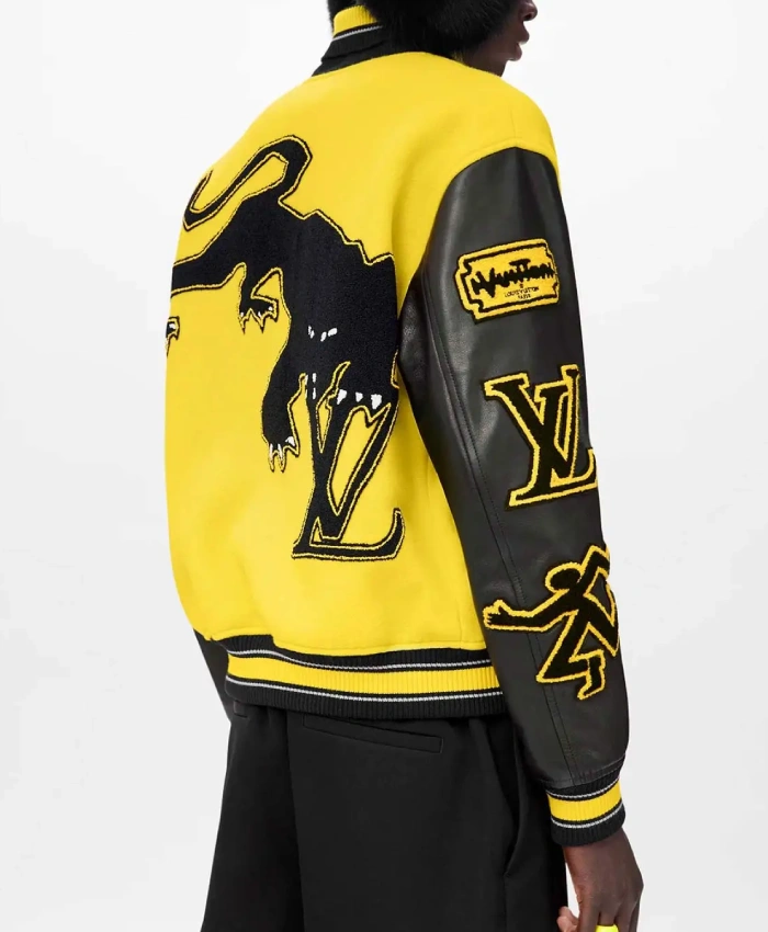 Louis Vuitton Embroidered Patches Yellow Back Wool With Leather Sleeves Varsity Jacket