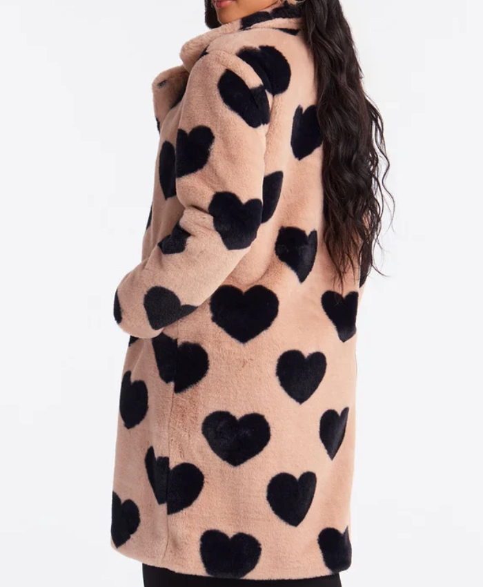 Lover Girl Fur Black Heart Print Brown Long Coat