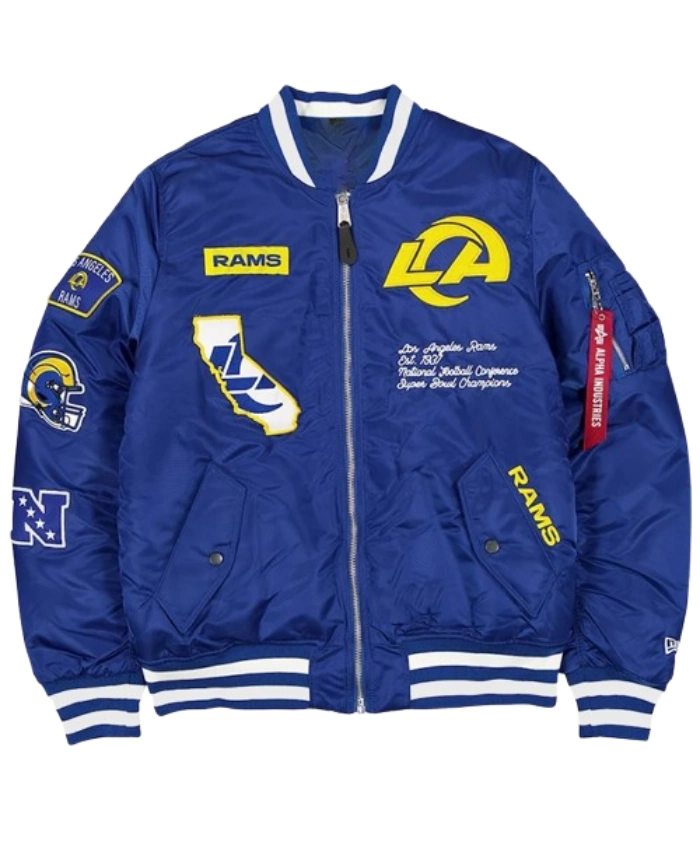MA 1 Alpha Industries X Los Angeles Rams New Era Blue Full Zip Bomber Jacket