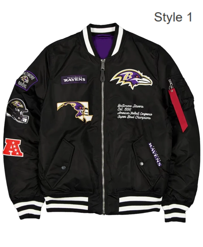 MA 1 Baltimore Ravens Black Satin Bomber Jacket