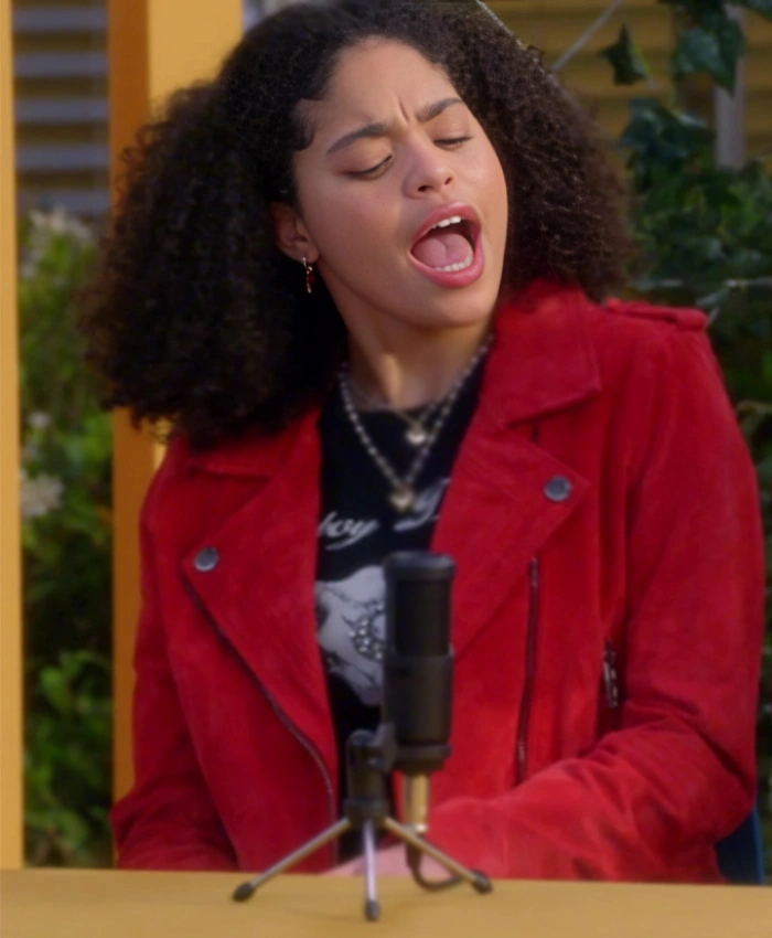 Maggie Deetz TV Series Electric Bloom 2025 Symera Jackson Red Suede Leather Jacket