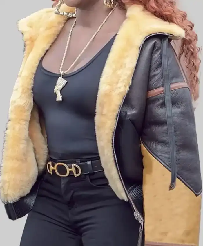 Mary J. Blige Power Book II Ghost Monet Season 01 Episode 10 Tattoo Monogram Reversible Aviator Brown Hooded Leather Shearling Fur Jacket