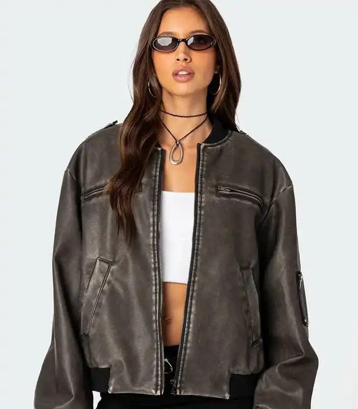 Mary K Black Waxed Leather Zip Bomber Jacket With Rib Collar