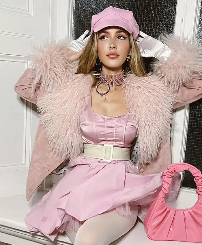 Mean Girls Renee Rapp Fur Trim Pink Suede Jacket