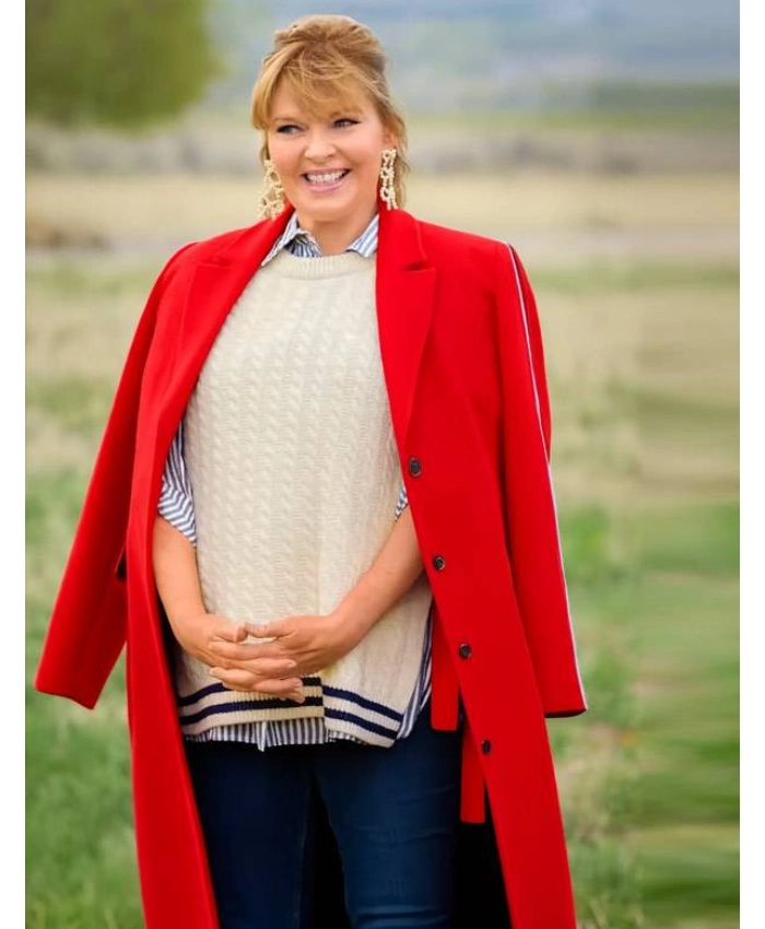 Melissa Peterman TV Series Finding Mr. Christmas 2025 Red Wool Long Coat