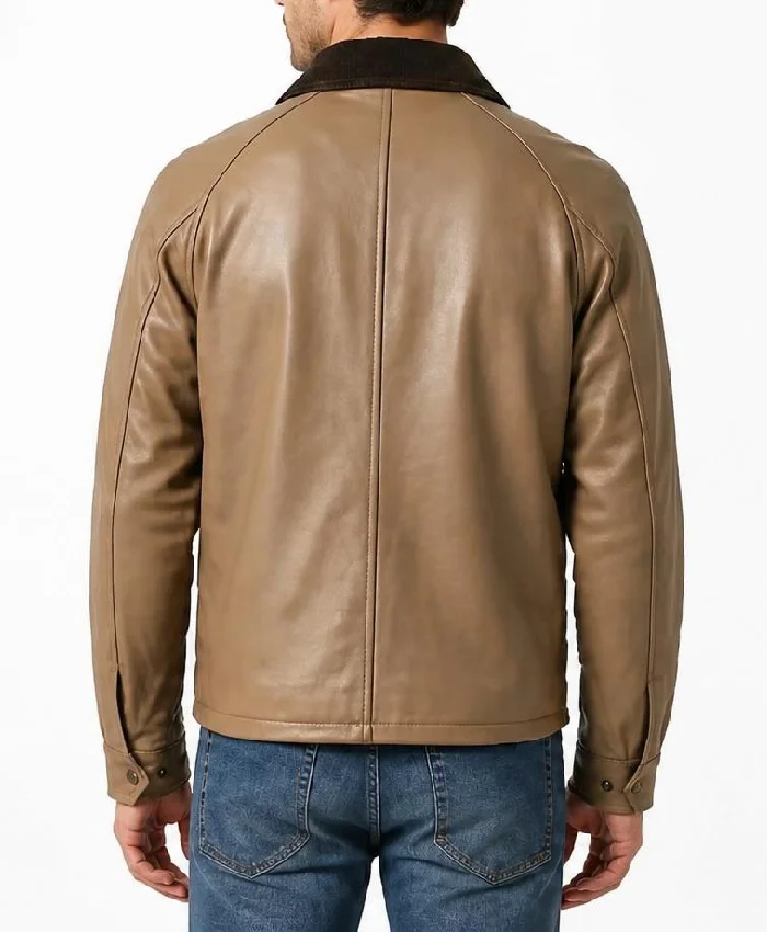 Men Beige Leather Barn Jacket with Raglan Sleeves