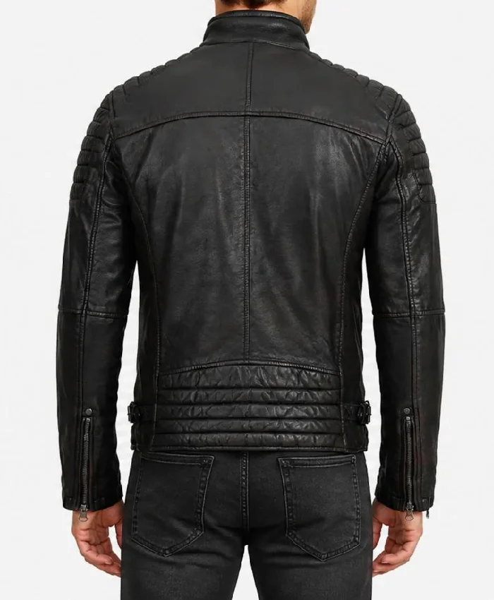 Men Black Washed Maroon Tone Cafe Racer Leather Jacket