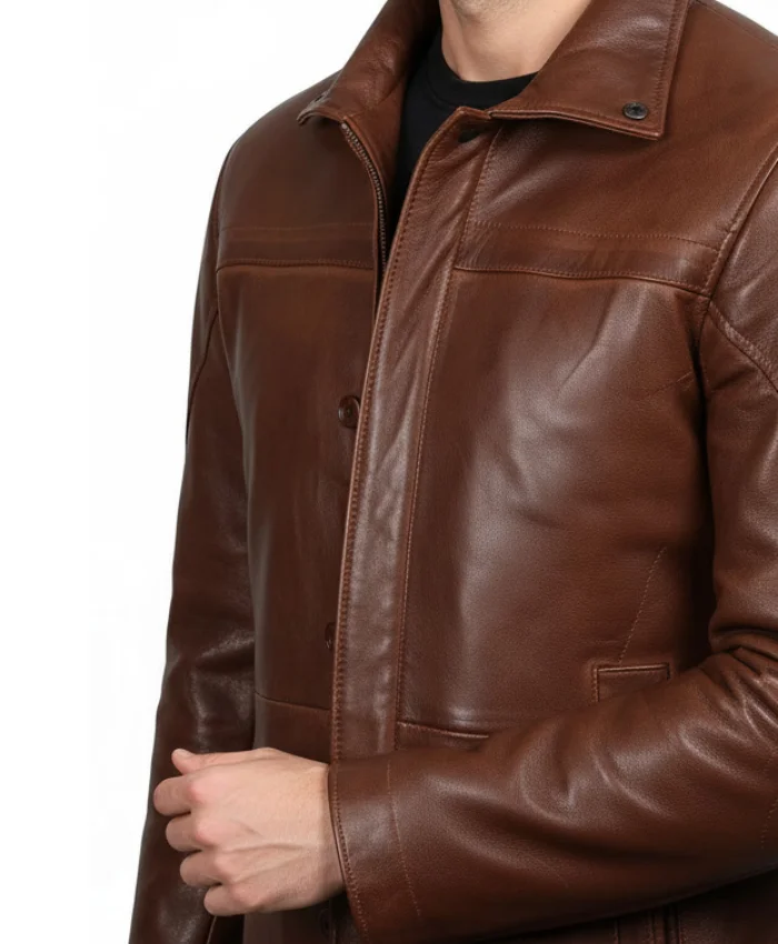 Men Cognac Brown Lambskin Leather Car Coat