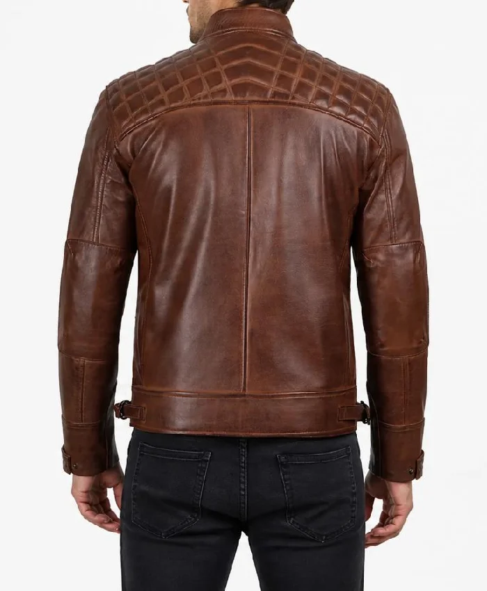 Men Cognac Brown Quilted Biker Style Leather Jacket