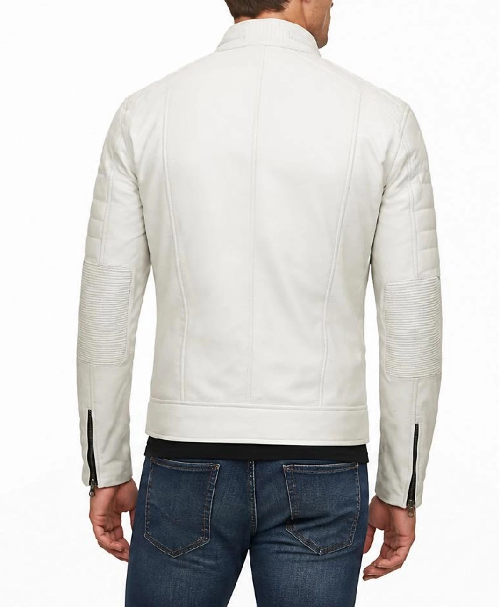 Men Off White Biker Style Leather Jacket - Mandarin Collar