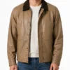 Mens Beige Leather Barn Jacket with Raglan Sleeves