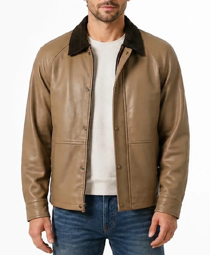Mens Beige Leather Barn Jacket with Raglan Sleeves